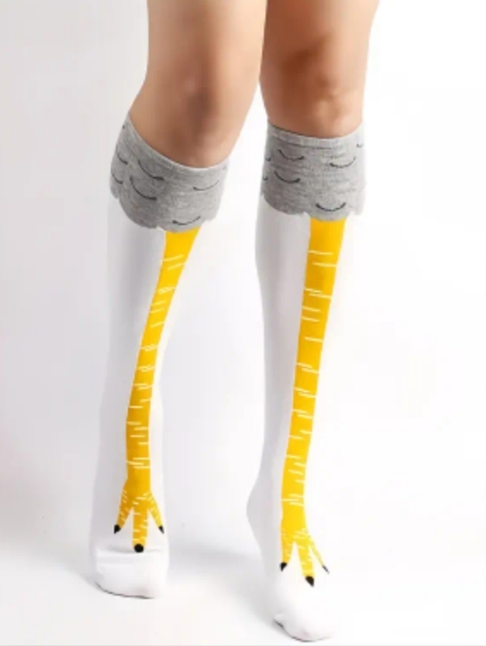Knee-High Novelty Chicken Leg Socks in White, Gray & Yellow